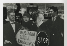 Fotomontaje, Joyce y esposa, García Porta, Jim Morrison, García Porta y Roberto Bolaño veraneando en Blanes