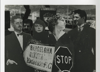 Fotomontaje, Joyce y esposa, García Porta, Jim Morrison, García Porta y Roberto Bolaño veraneando en Blanes